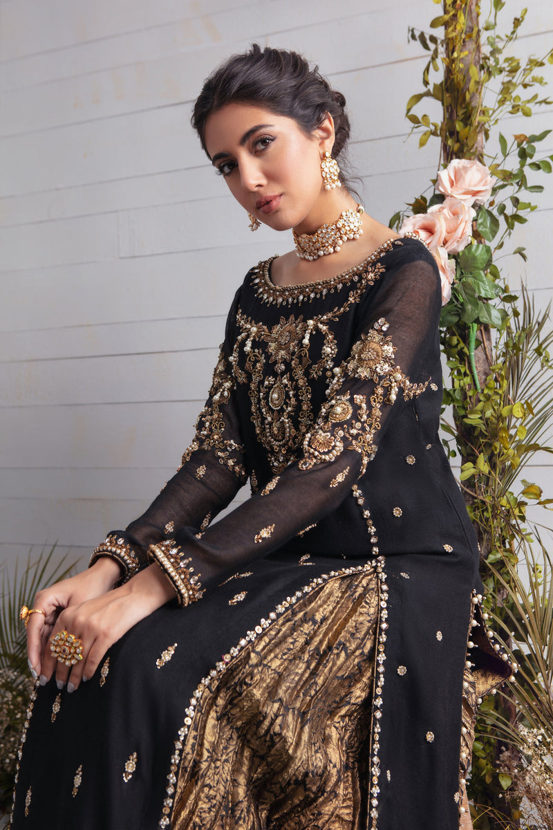 black golden dress pakistani Black and Gold Drape Dress